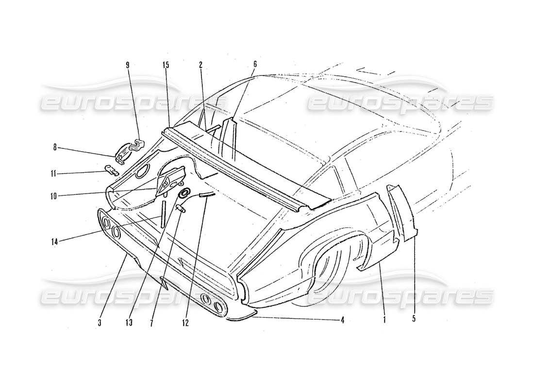 ferrari 365 gtc4 (coachwork) schéma des pièces des panneaux d'extrémité arrière