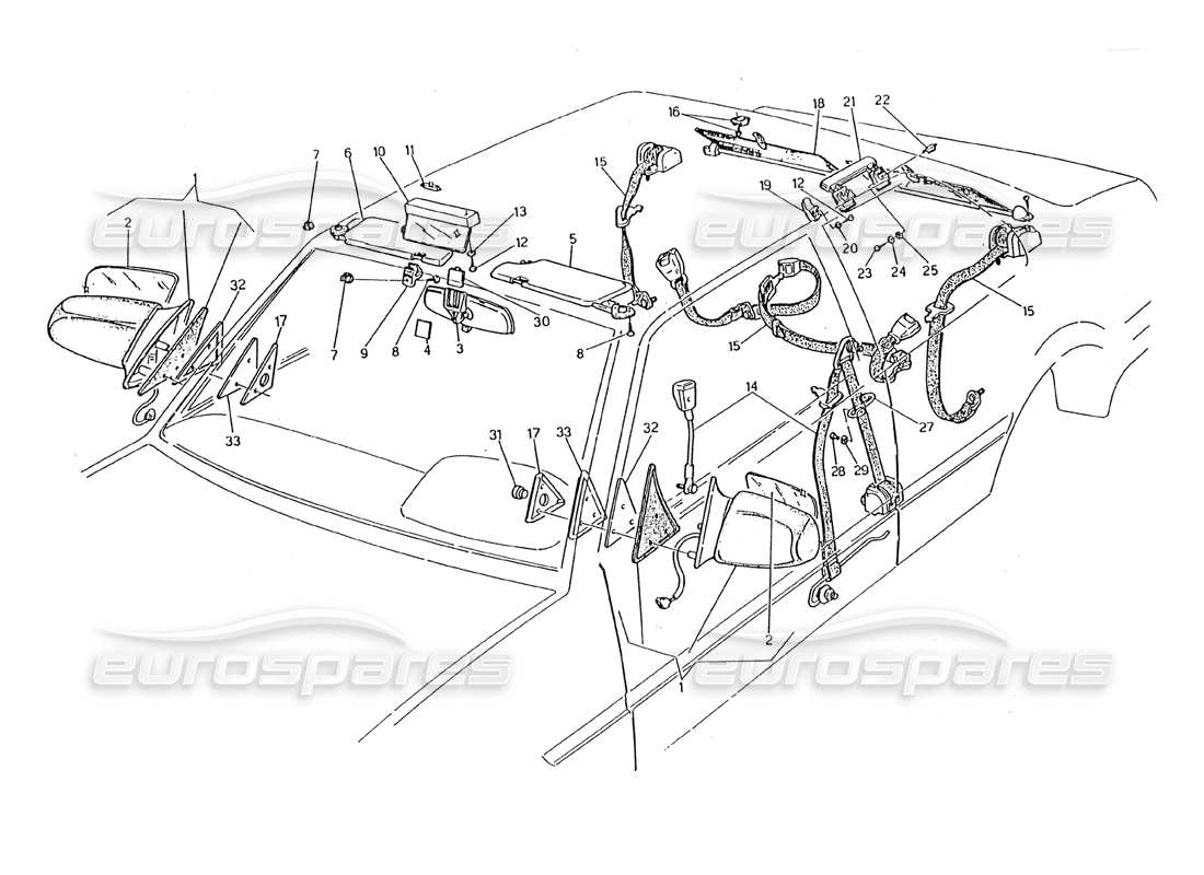 maserati 2.24v diagramme des pièces des ceintures de sécurité, des rétroviseurs et du pare-soleil