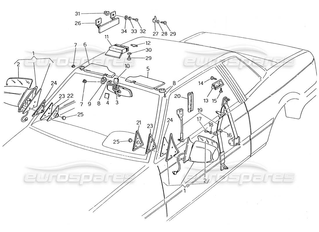 maserati karif 2.8 diagramme des pièces des ceintures de sécurité, des rétroviseurs et du pare-soleil
