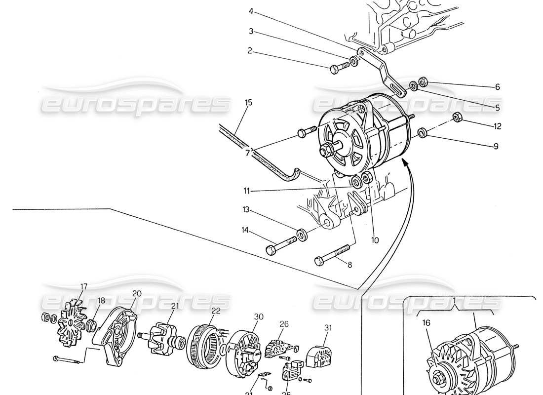 maserati 222 / 222e biturbo alternateur et support schéma des pièces