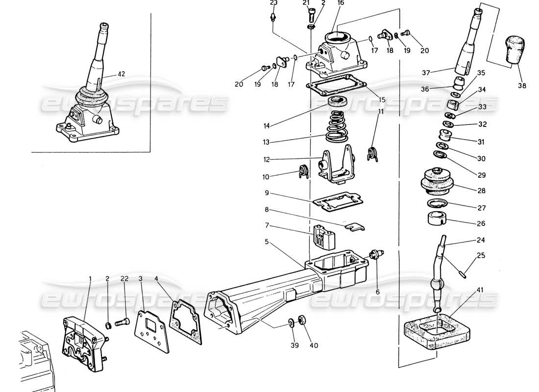 maserati 222 / 222e biturbo transmission - commandes extérieures schéma des pièces