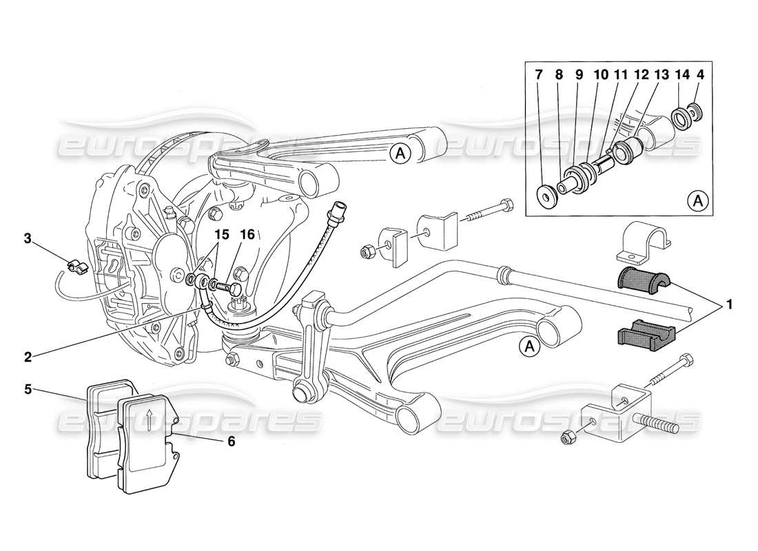 ferrari 348 challenge (1995) plaquettes de suspension avant et conduites de frein schéma des pièces