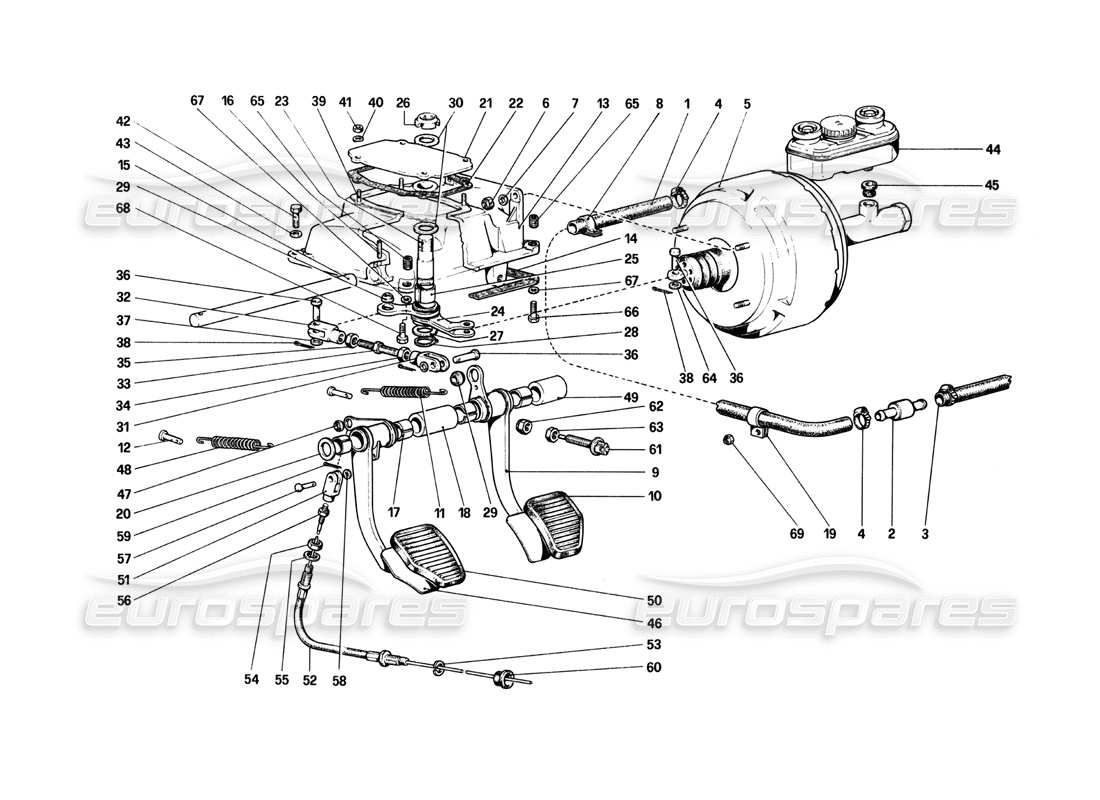 ferrari 208 turbo (1982) tableau de pédales - schéma des pièces des commandes de frein et d'embrayage
