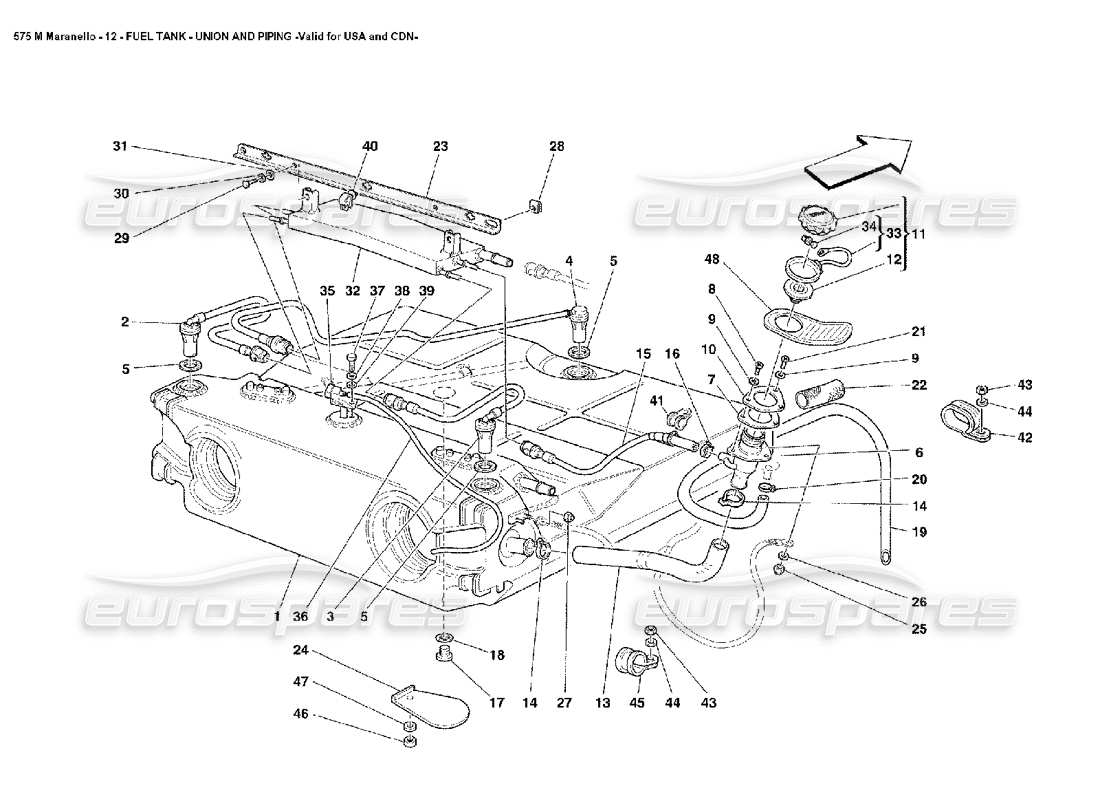 ferrari 575m maranello raccord et tuyauterie du réservoir de carburant, non destiné aux états-unis et au canada. schéma des pièces