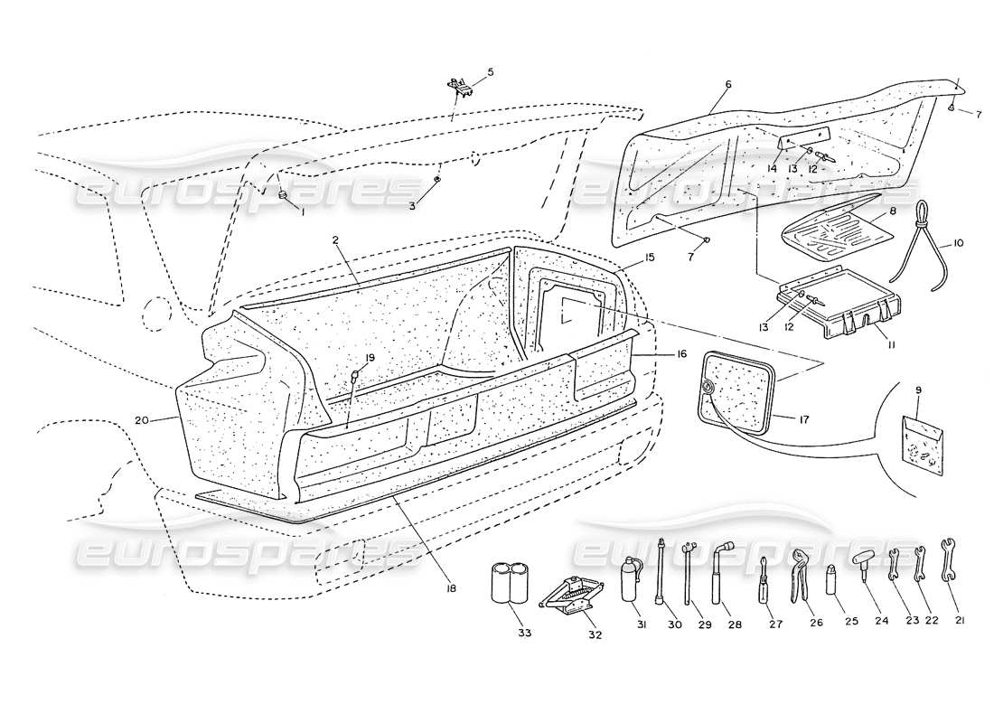 maserati ghibli 2.8 (non abs) couvercle de coffre, écusson, garniture, diagramme de pièces d'outils