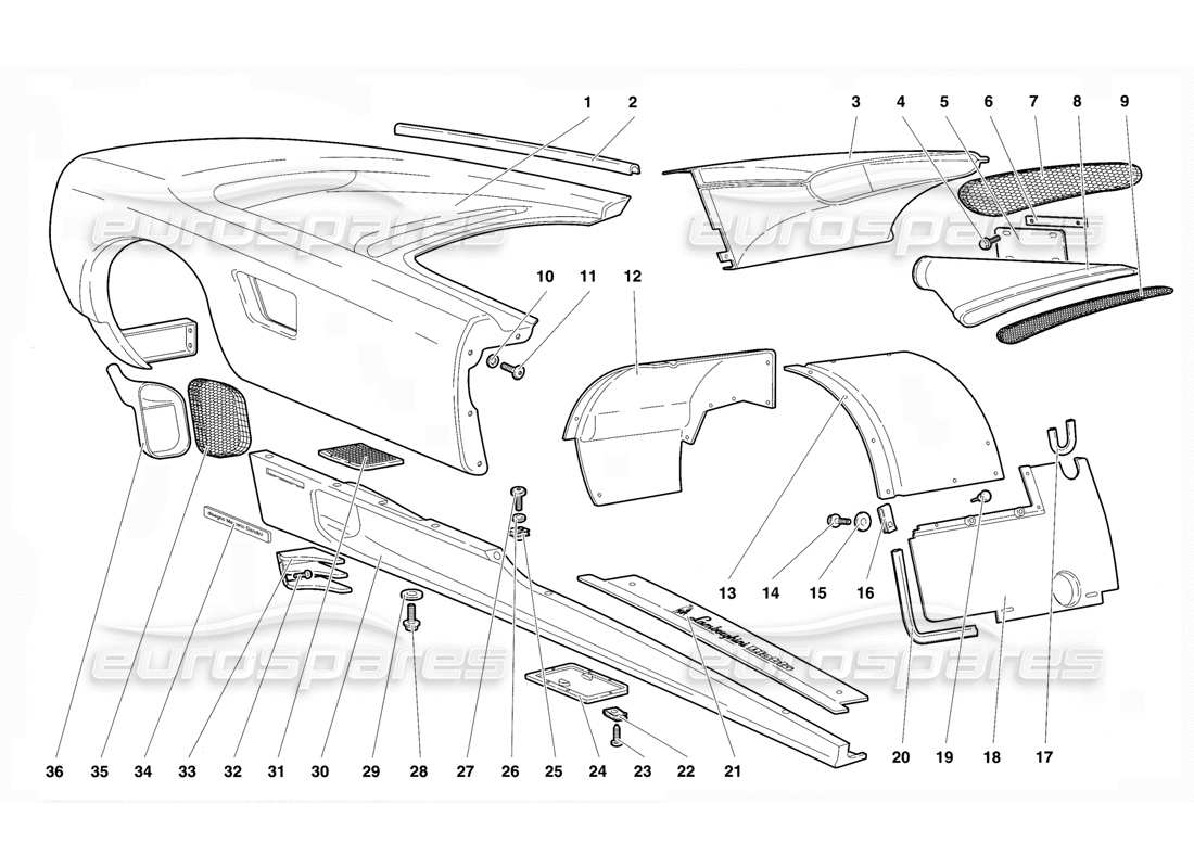 lamborghini diablo vt (1994) éléments du corps - flanc droit schéma des pièces