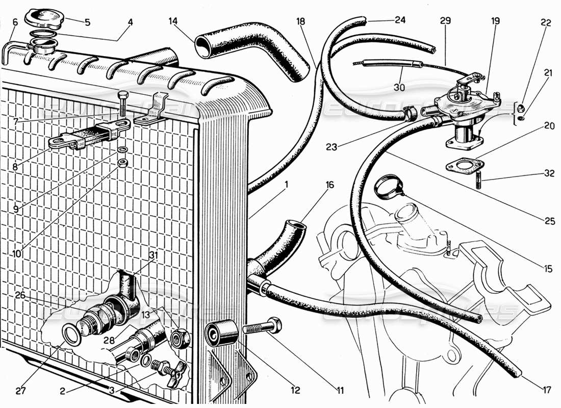 ferrari 330 gt 2+2 schéma des pièces du radiateur à eau