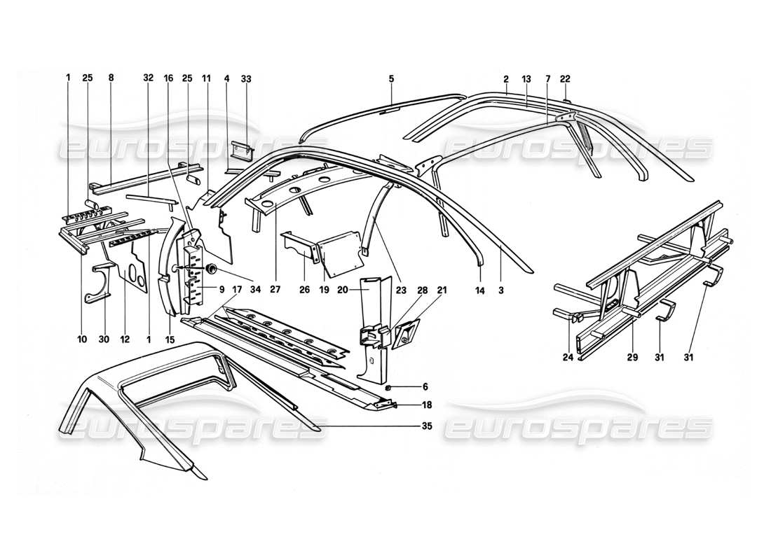 ferrari 208 turbo (1982) coque de carrosserie - diagramme des pièces des éléments intérieurs
