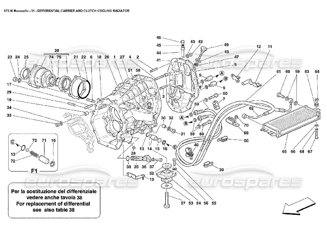 ferrari 575m maranello schéma des pièces du support de différentiel et du radiateur de refroidissement d'embrayage