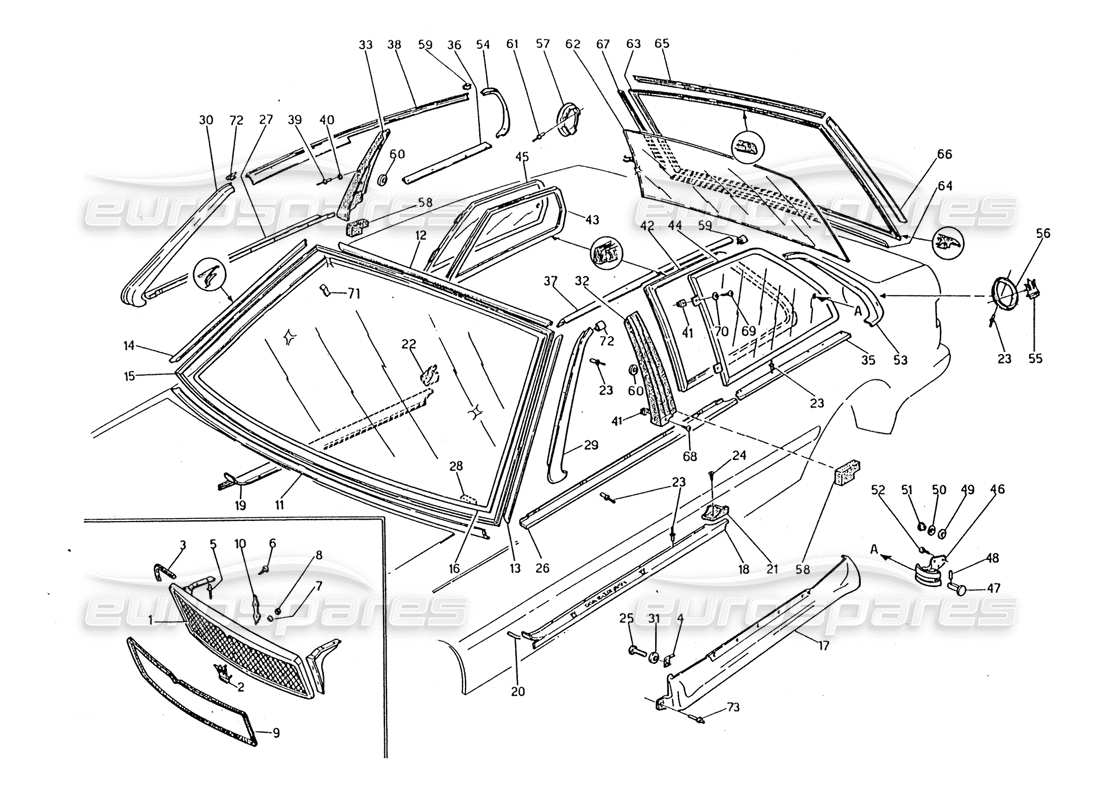 maserati 2.24v schéma des pièces de la grille de radiateur, des finitions et des lunettes fixes