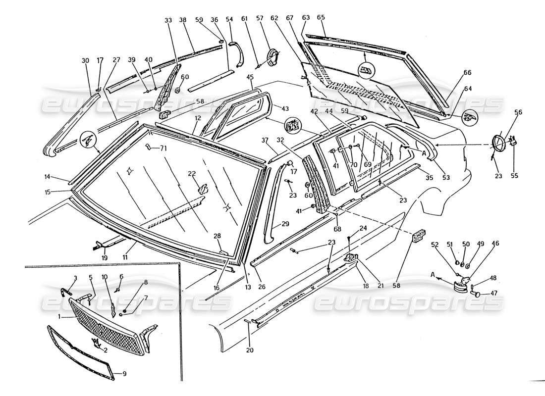 maserati 222 / 222e biturbo calandre-finisseurs-verres fixes schéma des pièces