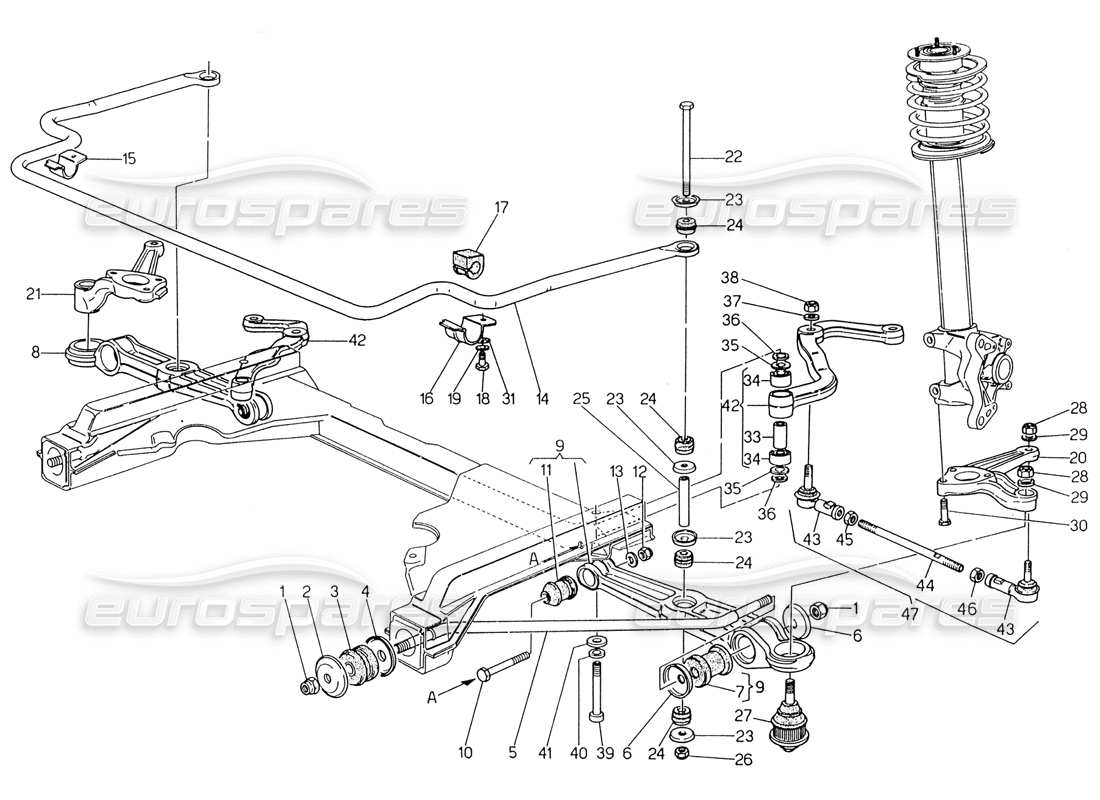 maserati 222 / 222e biturbo suspension avant schéma des pièces