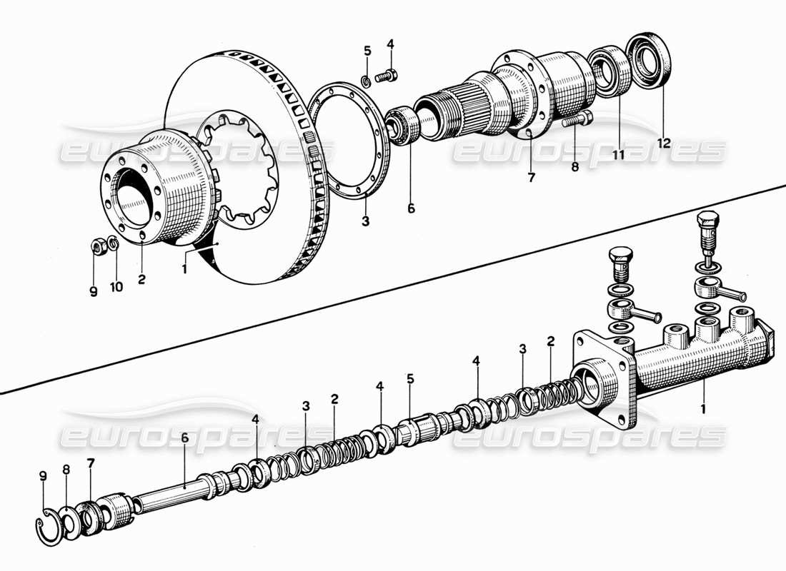 ferrari 365 gt 2+2 (mechanical) schéma des pièces du disque de frein avant et du maître-cylindre
