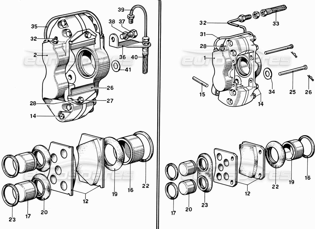 ferrari 365 gt 2+2 (mechanical) schéma des pièces des étriers de freins avant et arrière