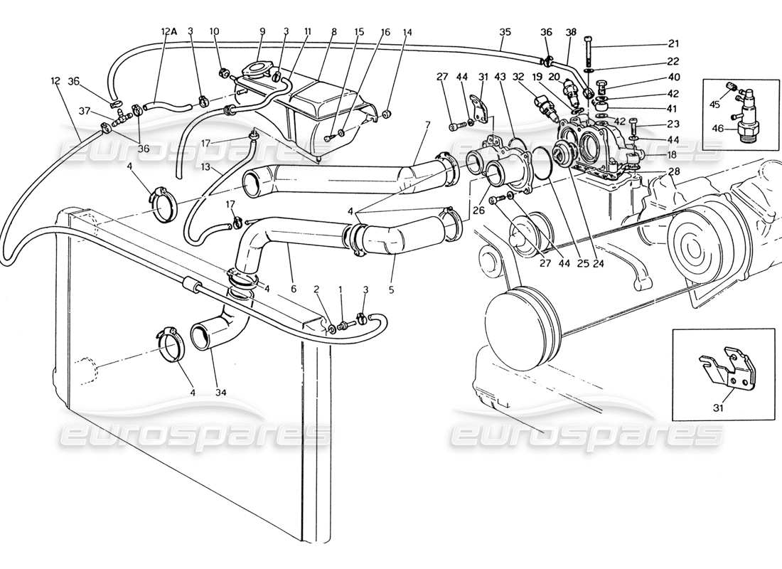 maserati 222 / 222e biturbo tuyaux de refroidissement du moteur et thermostat schéma des pièces