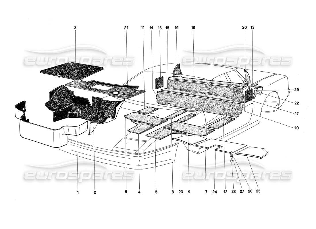 ferrari testarossa (1990) tapis et panneaux isolants schéma des pièces