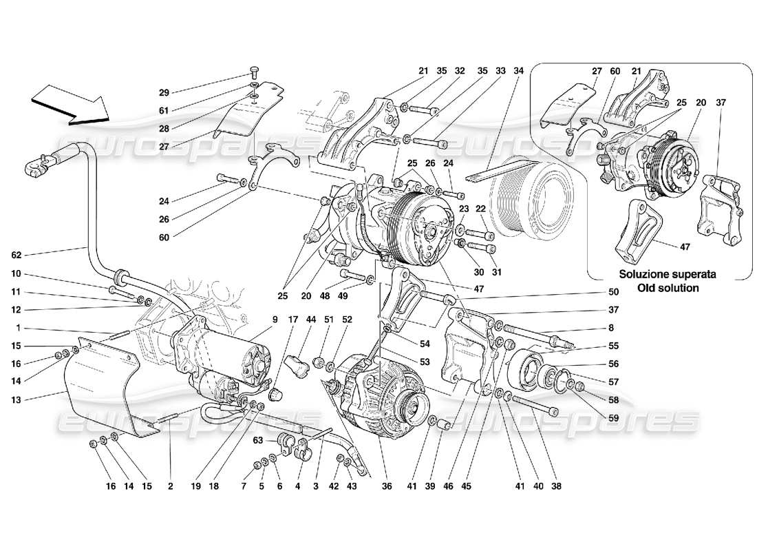 ferrari 456 gt/gta schéma des pièces du moteur de démarrage de l'alternateur et du compresseur ac