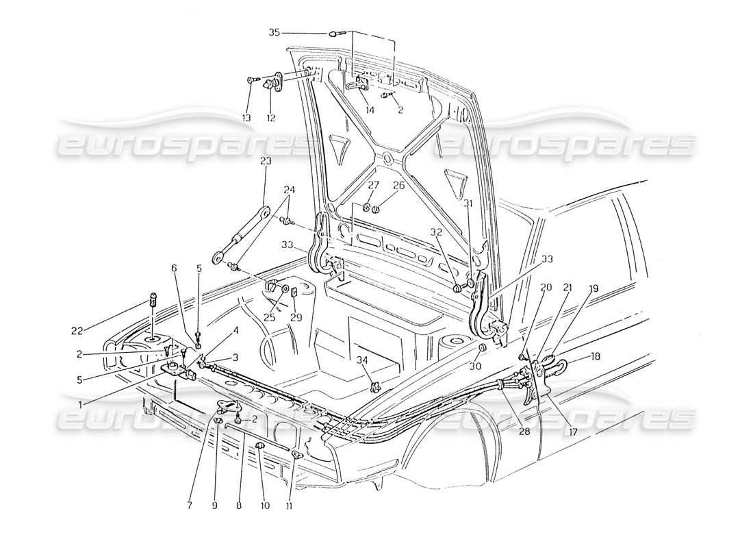 maserati karif 2.8 capot : charnières et déverrouillage du capot schéma des pièces