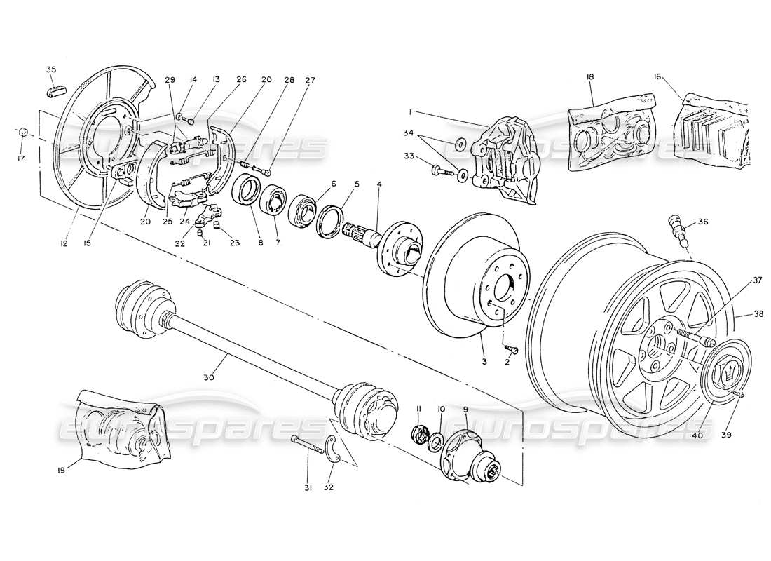 maserati ghibli 2.8 (non abs) roues arrière, moyeux, freins et arbres d'essieu schéma des pièces