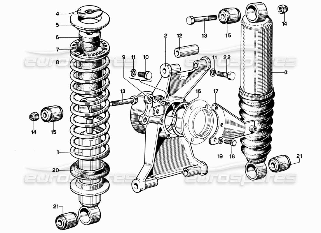 ferrari 365 gt 2+2 (mechanical) suspension arrière - schéma des pièces de l'amortisseur et de l'unité d'auto-nivellement