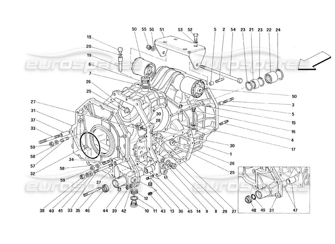 ferrari 348 (1993) tb / ts boîte de vitesses - schéma des pièces du carter de différentiel et du carter intermédiaire