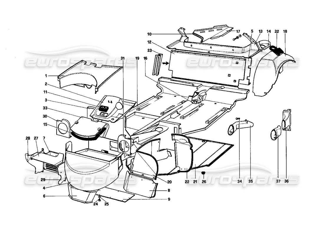 ferrari 208 turbo (1982) coque de carrosserie - diagramme des pièces des éléments intérieurs
