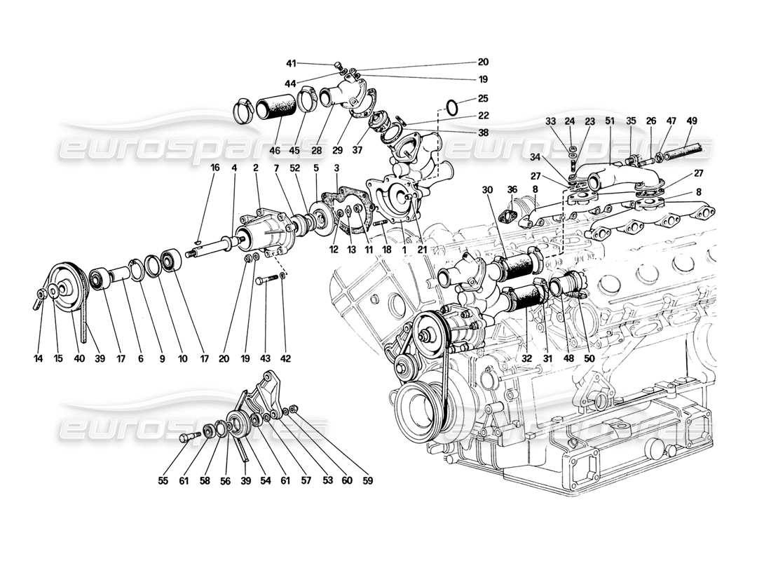 ferrari 328 (1988) schéma des pièces de la pompe à eau et des tuyauteries