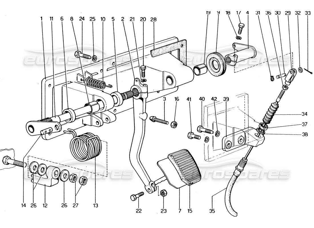 ferrari 365 gt4 2+2 (1973) tableau de pédales - schéma des pièces de commande d'embrayage