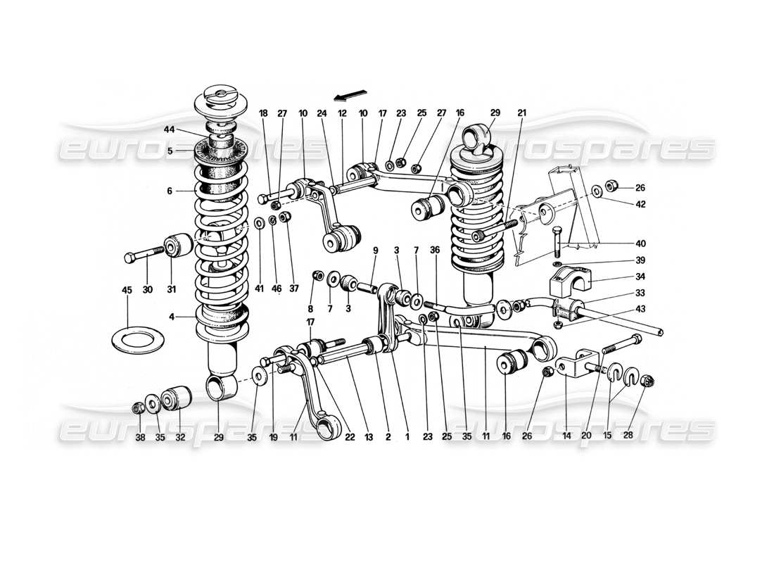 ferrari 512 bbi suspension arrière - diagramme des pièces des triangles et amortisseurs