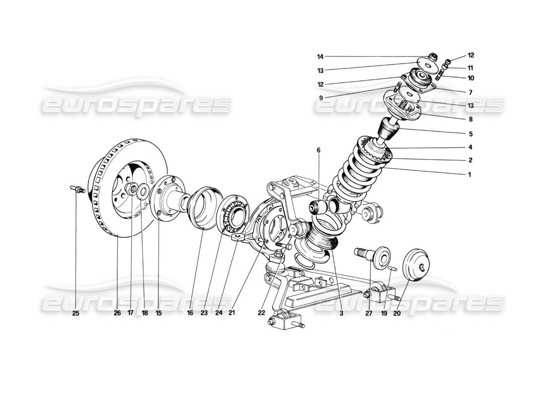 ferrari mondial 3.0 qv (1984) suspension avant - amortisseur et disque de frein schéma des pièces