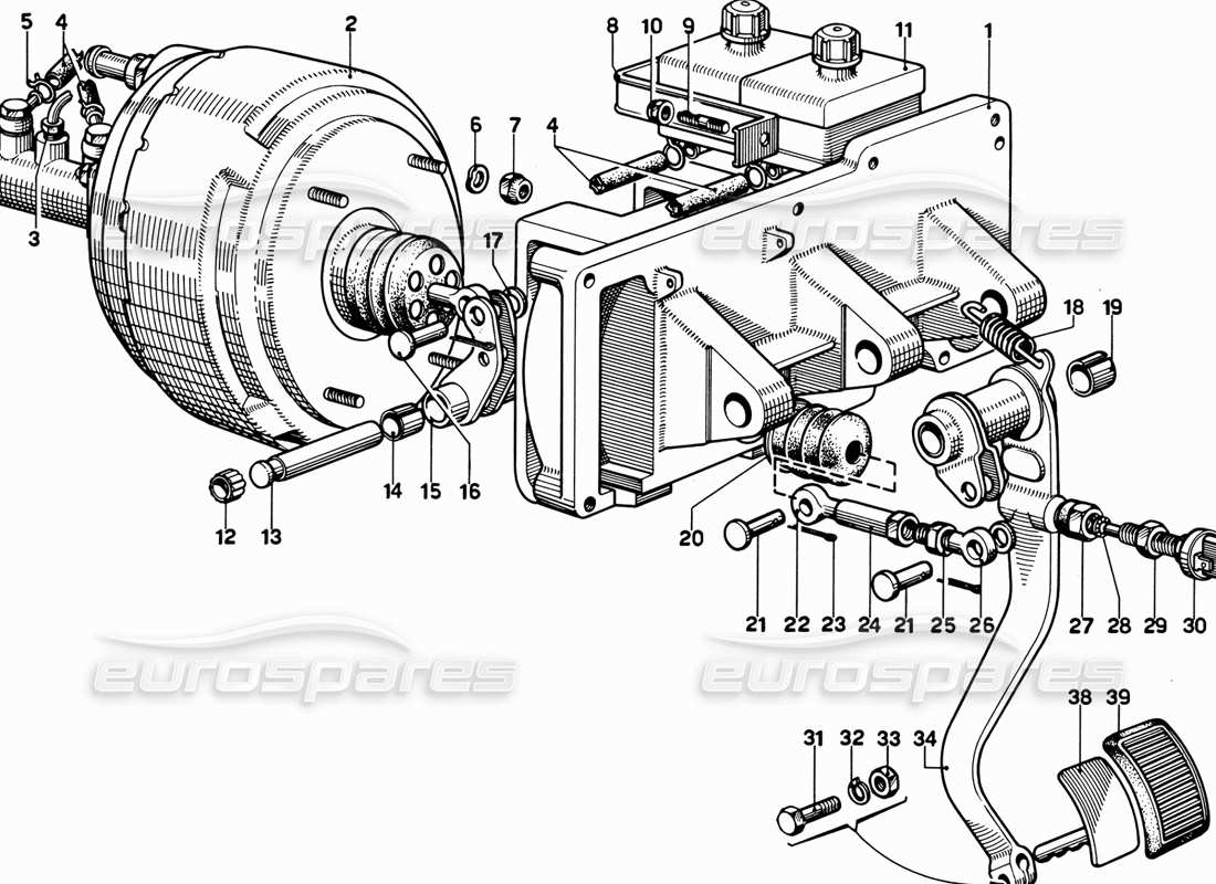 ferrari 365 gt 2+2 (mechanical) tableau de pédales - schéma des pièces de commande de frein
