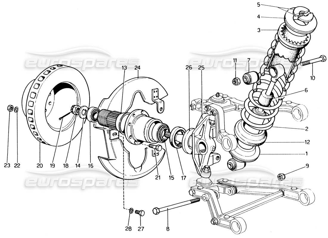 ferrari 365 gt4 2+2 (1973) suspension avant - schéma des pièces de l'amortisseur