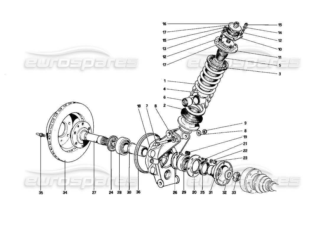 ferrari mondial 3.0 qv (1984) suspension arrière - amortisseur et disque de frein schéma des pièces