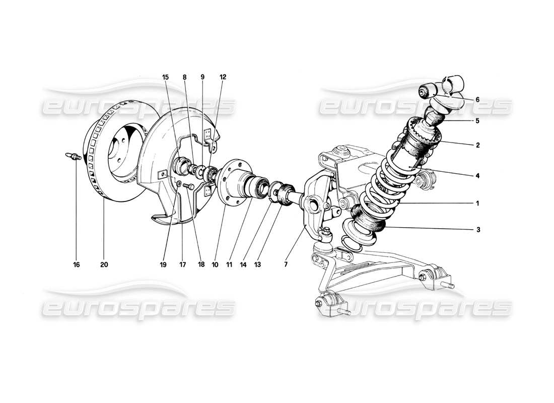 ferrari 208 turbo (1982) suspension avant - amortisseur et disque de frein schéma des pièces