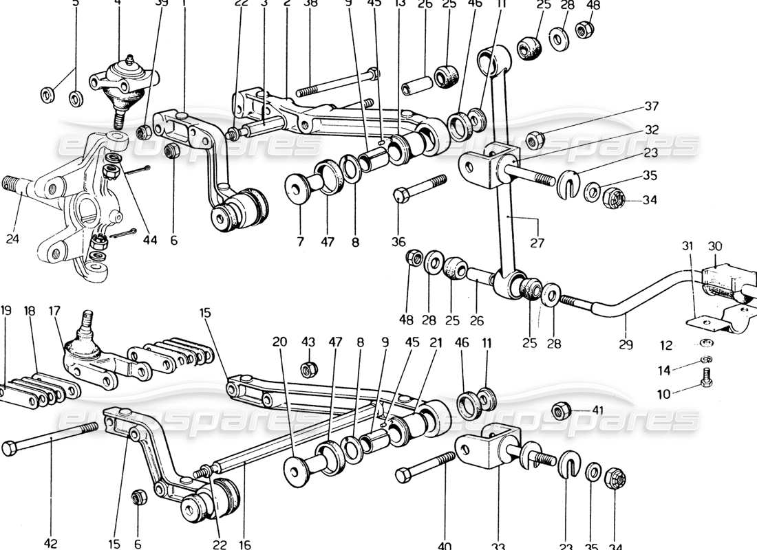 ferrari 365 gt4 2+2 (1973) suspension avant - schéma des pièces des triangles