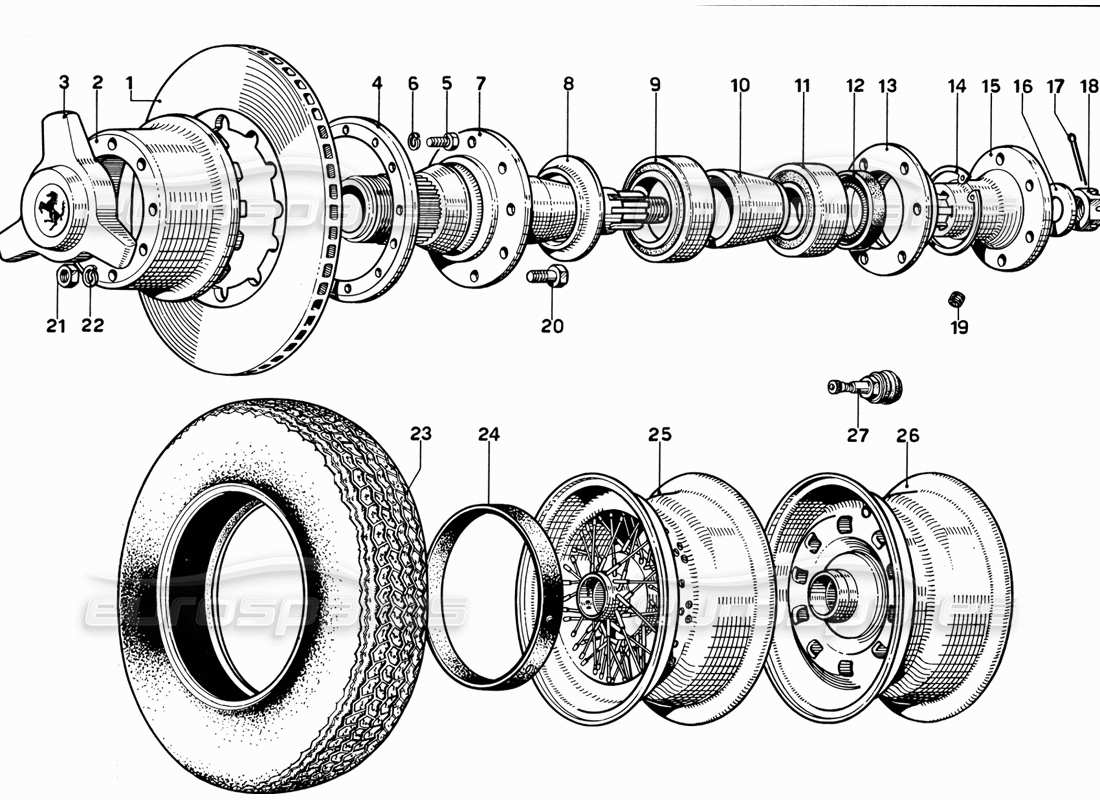 ferrari 365 gt 2+2 (mechanical) disque et roue de frein arrière schéma des pièces