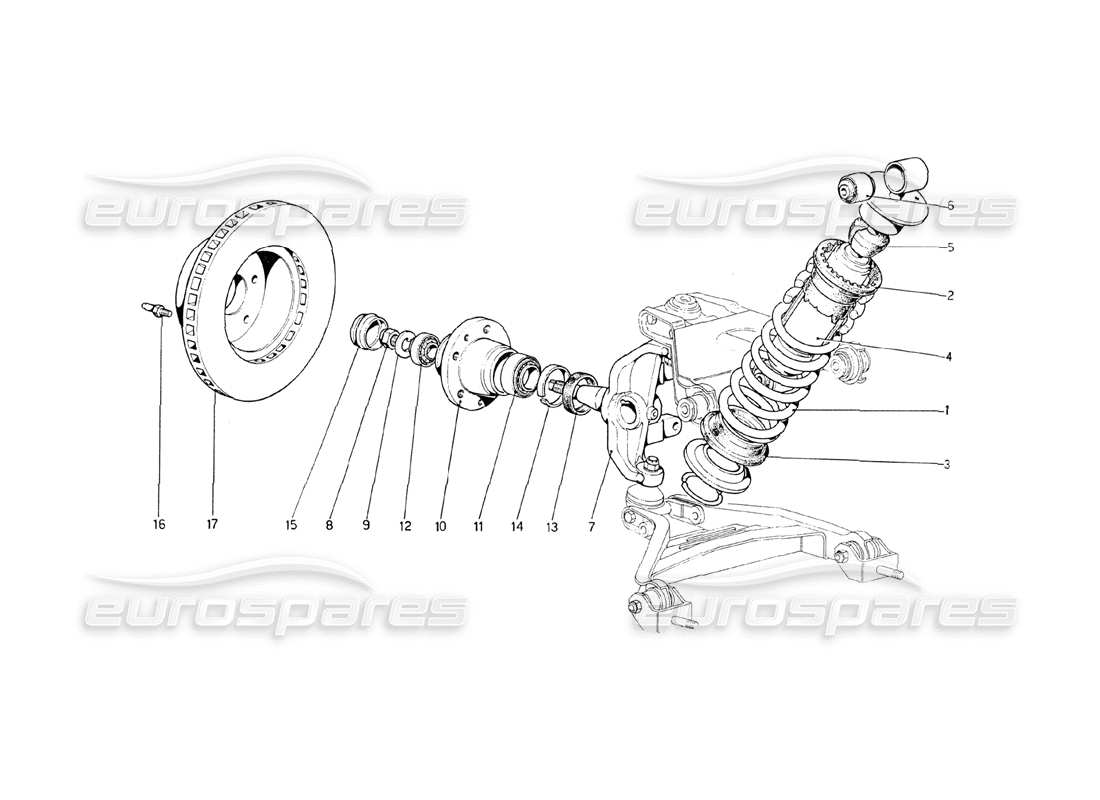 ferrari 208 gt4 dino (1975) suspension avant - amortisseur et disque de frein schéma des pièces