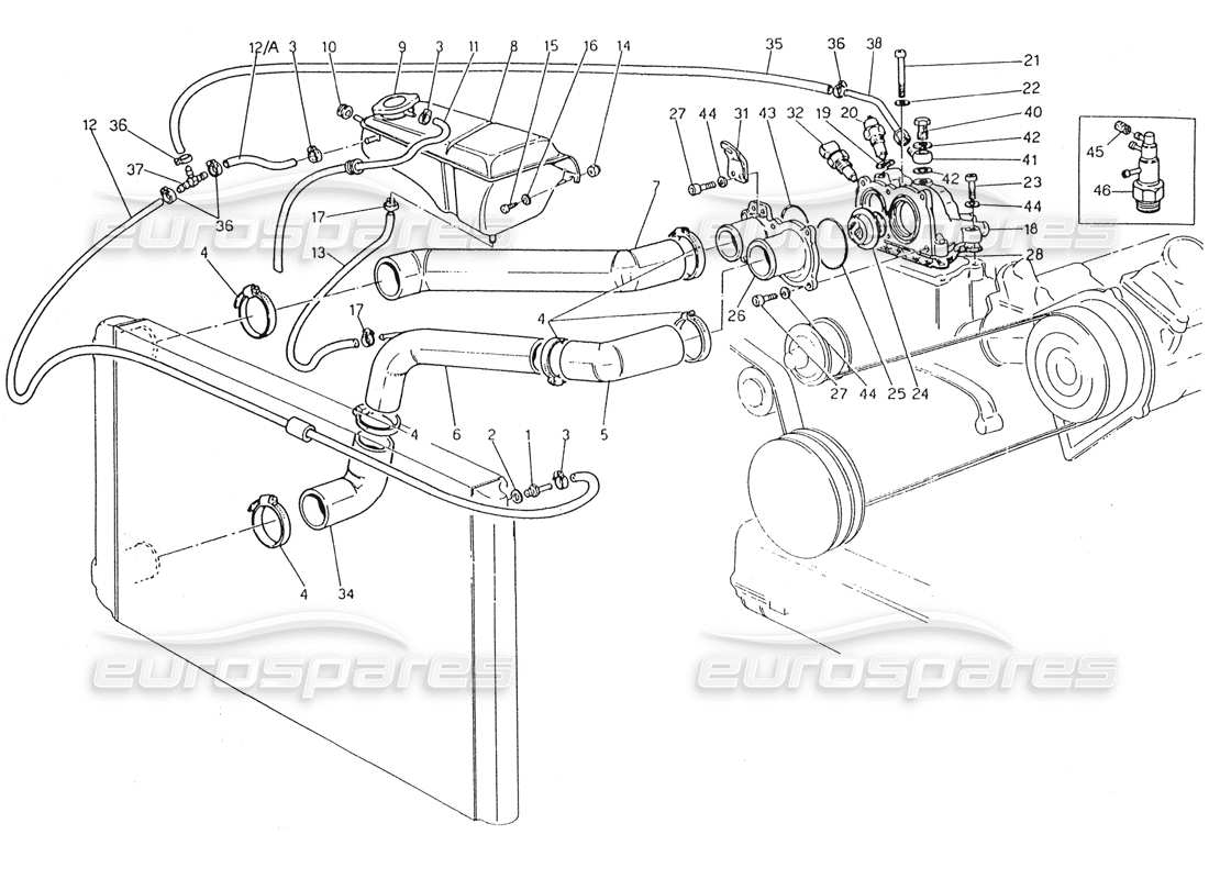maserati karif 2.8 schéma des pièces des tuyaux de refroidissement du moteur et du thermostat