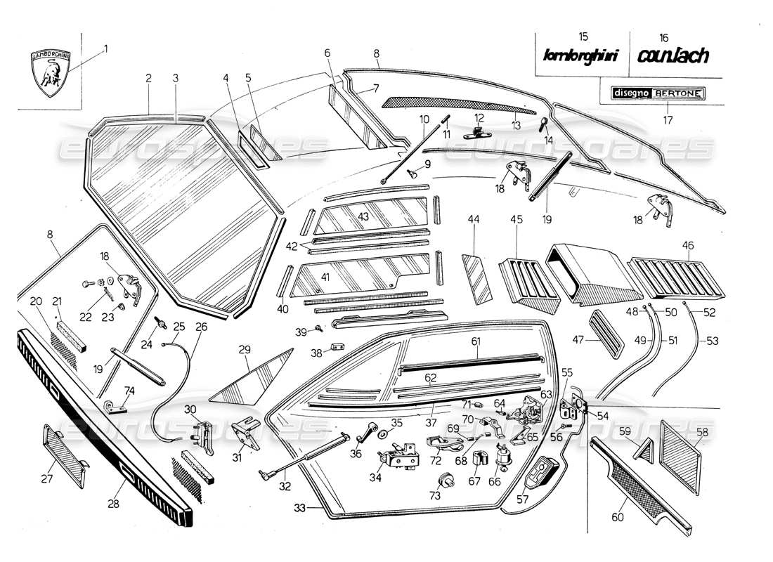 lamborghini countach lp400 verres, joints et commandes schéma des pièces