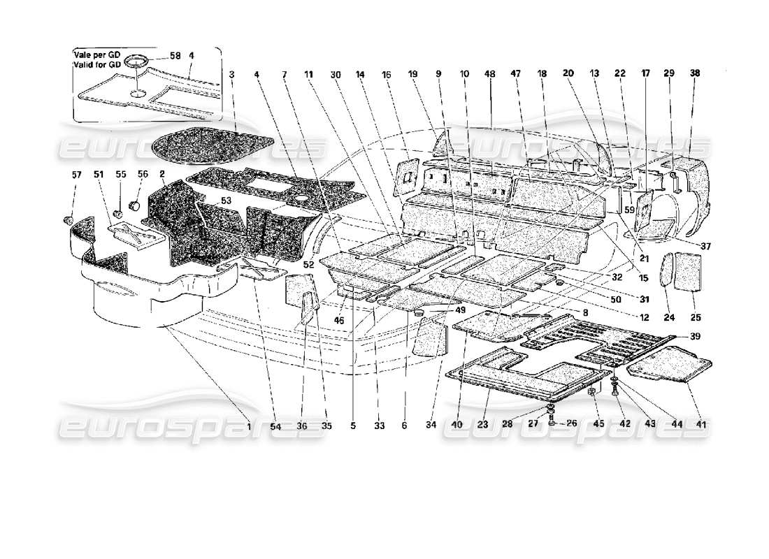 ferrari 512 tr schéma des pièces du tapis pour coffre à bagages et panneaux isolants