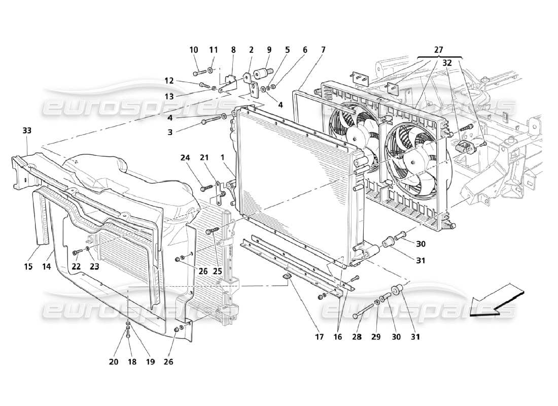 maserati qtp. (2006) 4.2 système de refroidissement : diagramme de pièces des radiateurs et des convoyeurs d'air