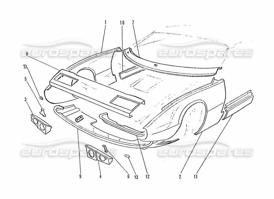 ferrari 365 gtc4 (coachwork) diagramme des pièces des panneaux avant