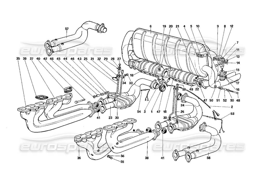 ferrari testarossa (1990) système d'échappement (pour versions us - sa et cat) schéma des pièces