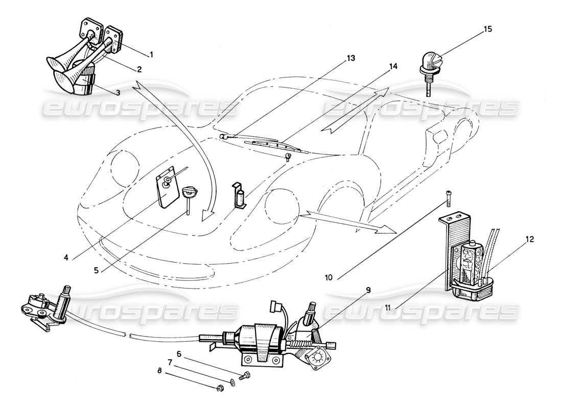 ferrari 206 gt dino (coachwork) schéma des pièces du mécanisme d'essuie-glace, du sac de rondelle et des klaxons