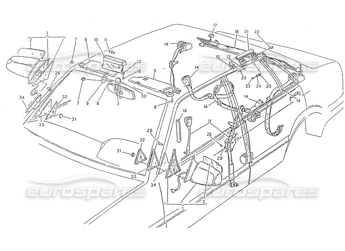 maserati 418 / 4.24v / 430 ceintures de sécurité, rétroviseur, diagramme de pièce du pare-soleil