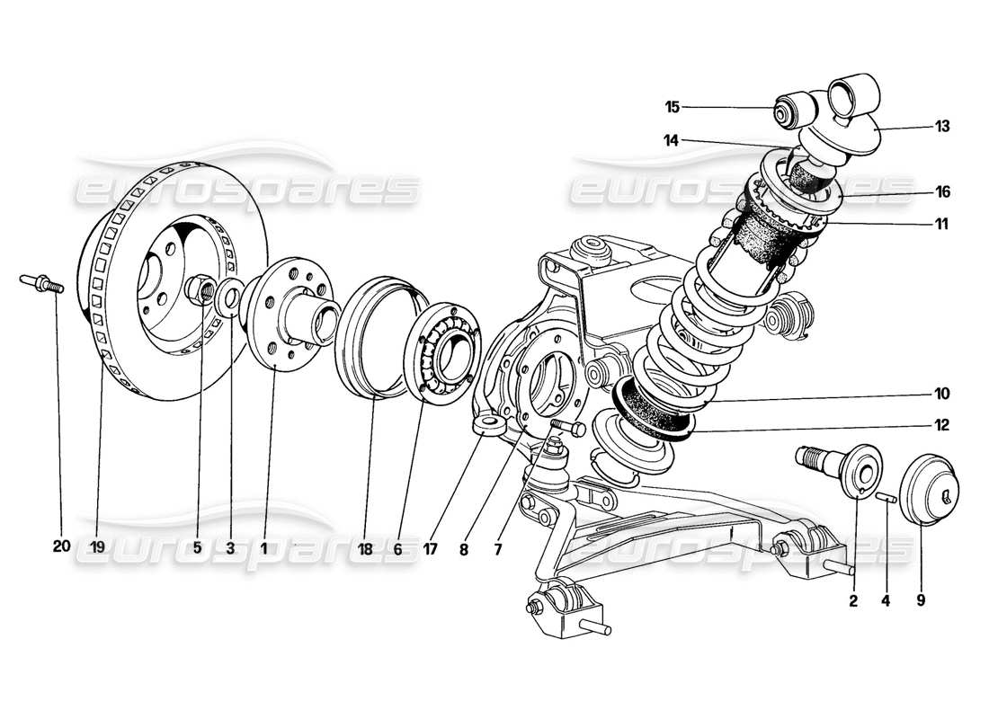 ferrari 328 (1988) suspension avant - amortisseur et disque de frein (jusqu'au numéro de voiture 76625) schéma des pièces
