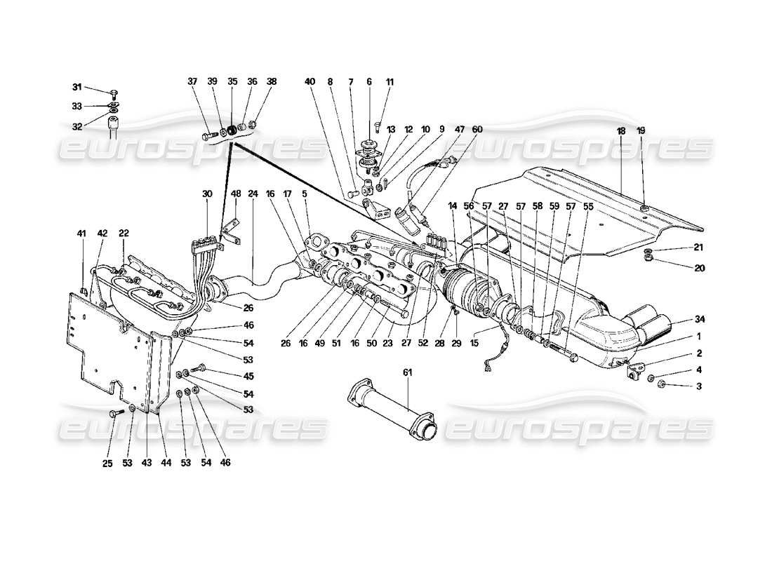 ferrari mondial 3.2 qv (1987) schéma des pièces du système d'échappement (pour les versions us et sa)