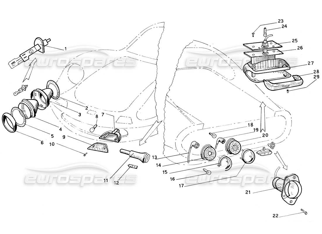 ferrari 206 gt dino (coachwork) schéma des pièces des feux avant et arrière