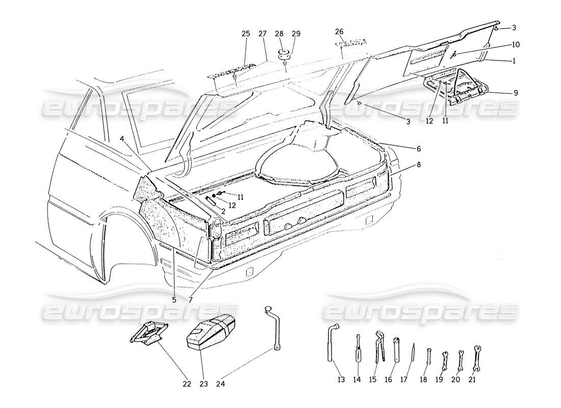maserati karif 2.8 botte : diagramme des pièces des badges, des tapis et des outils