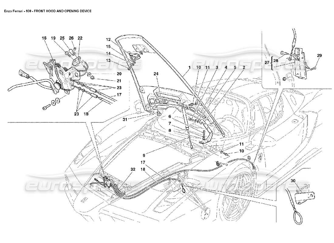 ferrari enzo schéma des pièces du capot avant et du dispositif d'ouverture